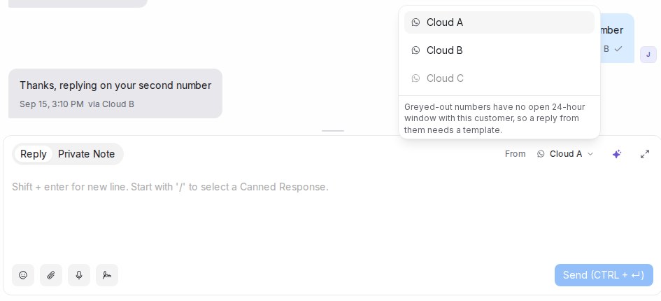 The From picker listing the account's WhatsApp numbers