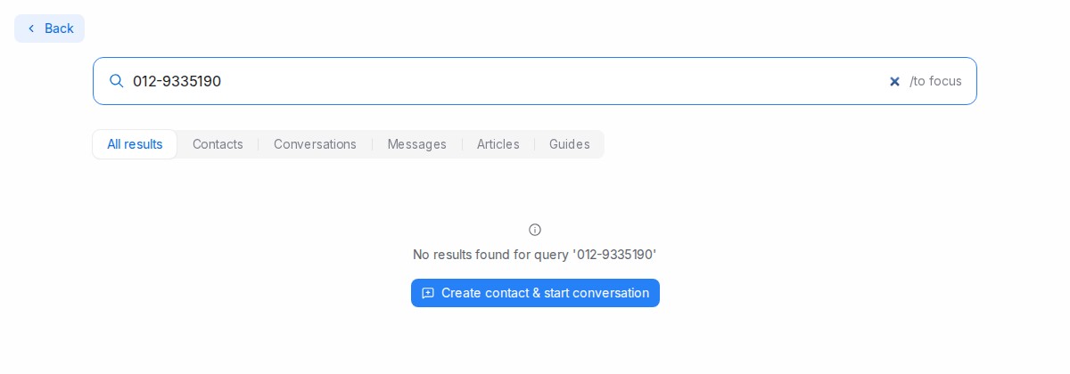 The search page with no results and the Create contact & start conversation button