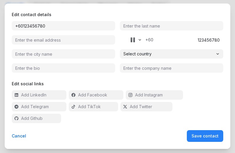 The contact form pre-filled with the searched phone number
