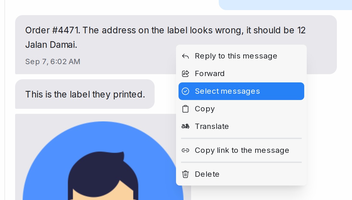 Right-click menu on a message with the Select messages option