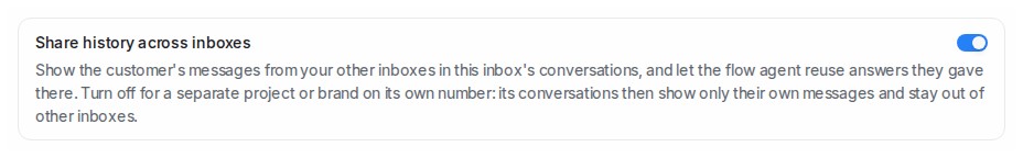The Share history across inboxes switch on an inbox's Settings tab